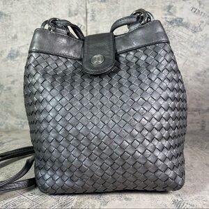 Vintage GANSON Metallic Silver Gray Woven Leather Crossbody Shoulder Bag